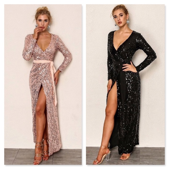Plunging V-Neck Sequin Wrap Belted Maxi Dress - Picture 4 of 10